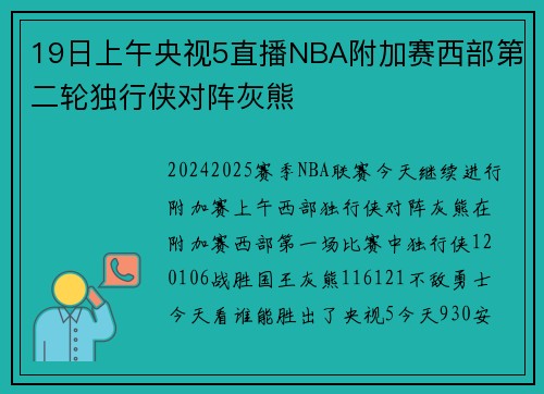 19日上午央视5直播NBA附加赛西部第二轮独行侠对阵灰熊