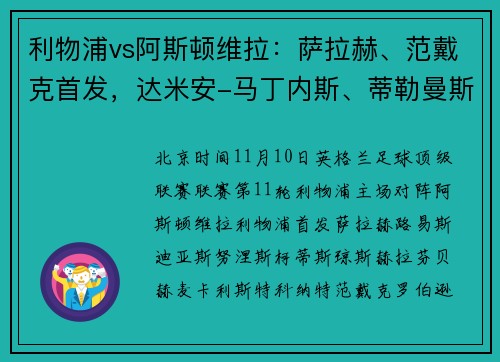 利物浦vs阿斯顿维拉：萨拉赫、范戴克首发，达米安-马丁内斯、蒂勒曼斯出战
